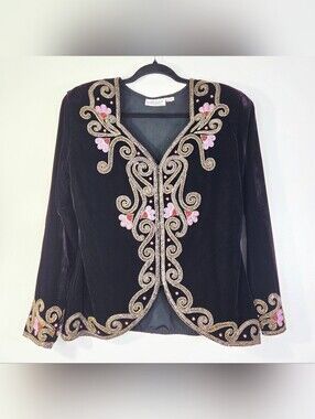 VINTAGE LINZAS CALIFORNIA VELVET BEADED BULLION STYLE EMBROIDERY  BLAZER JACKET